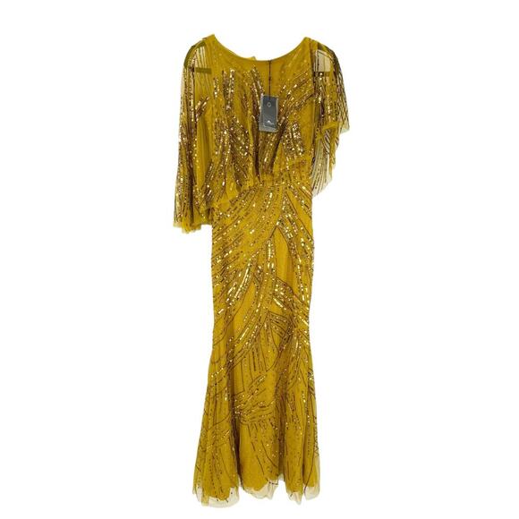 Theia Ayla Beaded Shawl Gown Cape Sleeve Gold/Bronze Size 2 NWT - Picture 6 of 14